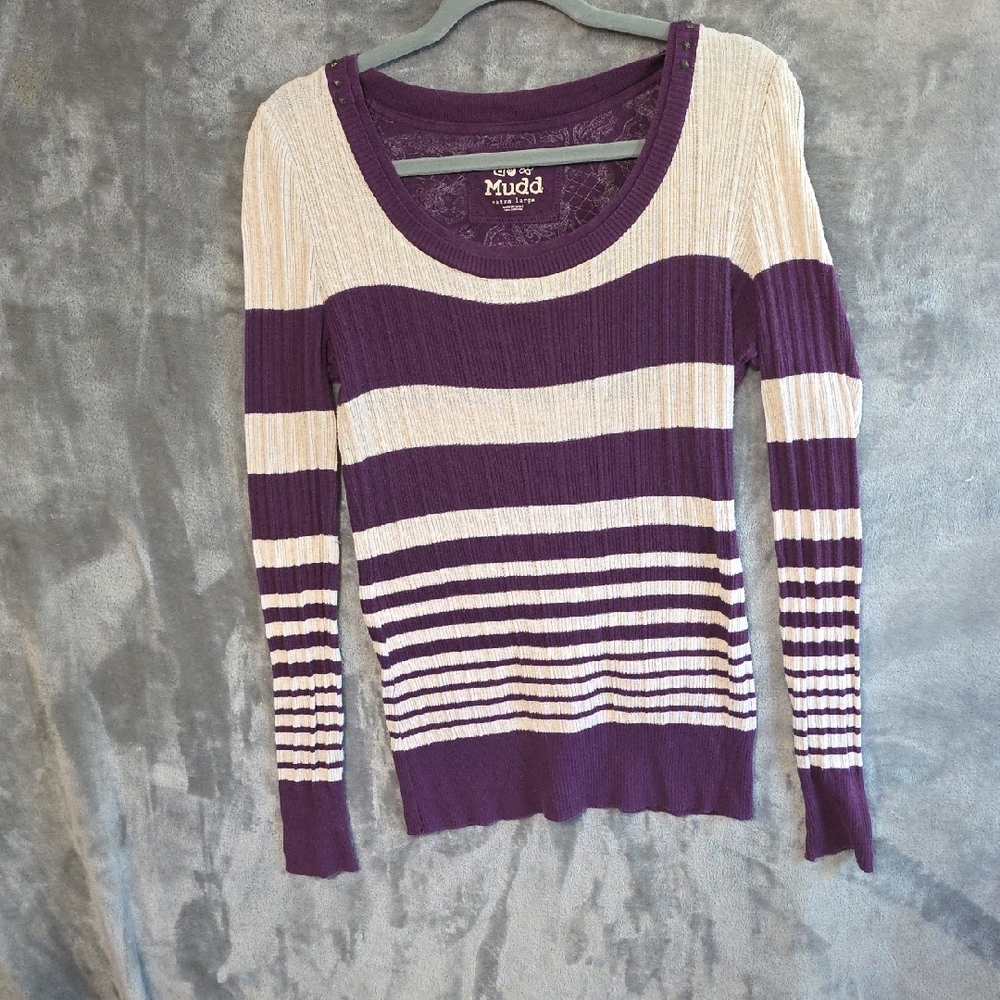 Mudd Ribbed Knit Sweater in Purple and Cream